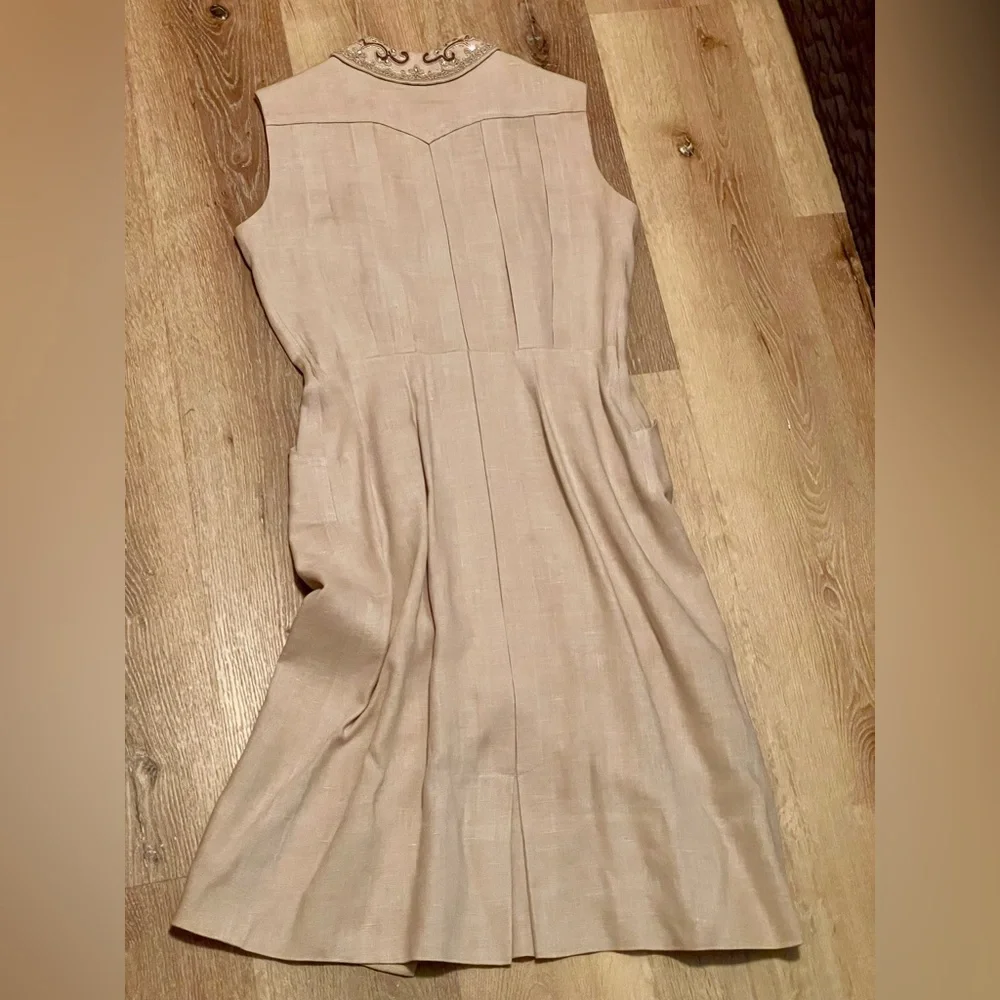 Vintage 1940’s 50s rhinestone beads linen dress pleats buttons Medium M 28”w VLV - Picture 3 of 12